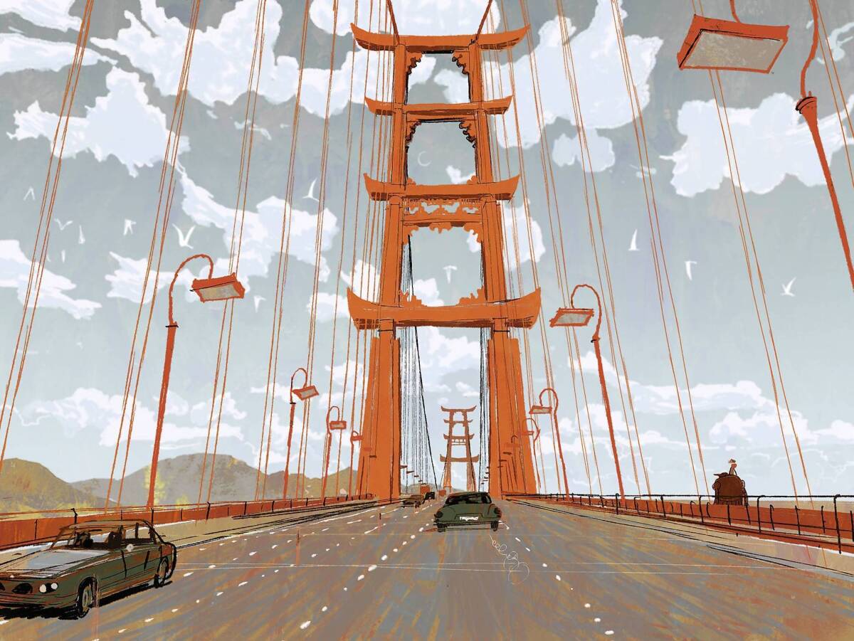 Concept art showcases an iconic bridge and treasured landmark of the high-tech, fast-paced city of San Fransokyo, the setting for Walt Disney Animation Studios' "Big Hero 6."