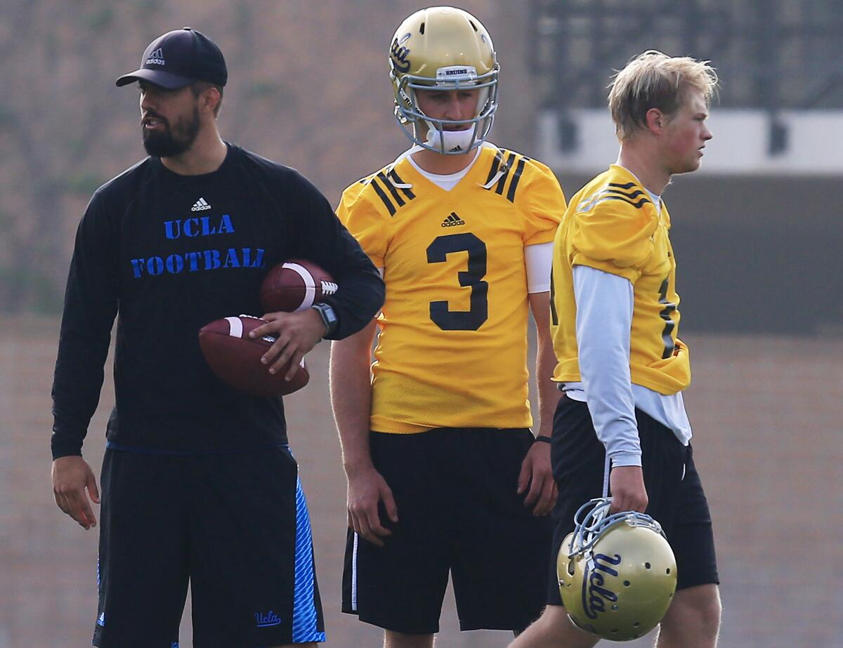 UCLA quarterbacks Josh Rosen (3) and Jerry Neuheisel (11) are trying to make an impression during spring practice.
