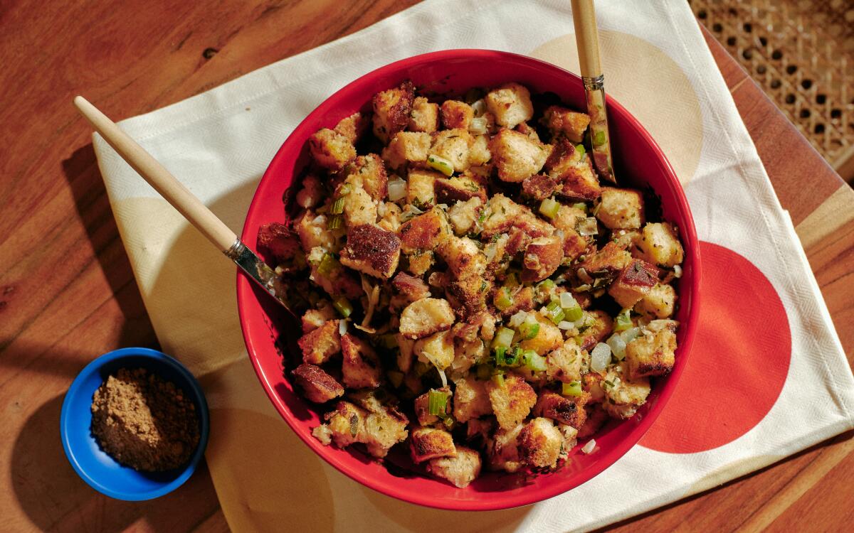 Thanksgiving stuffing with mala spice, a recipe by Fly by Jing founder Jing Gao.