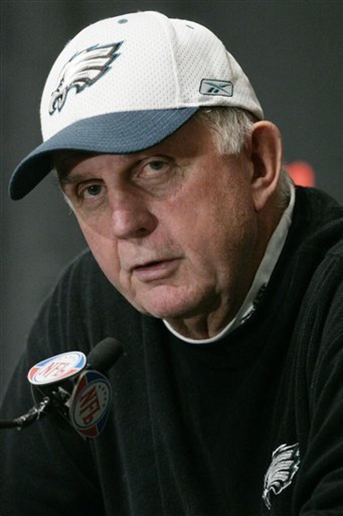 FILE - In this Oct. 18, 2007 file photo, Philadelphia Eagles football defensive coordinator Jim Johnson makes remarks during a news conference in Philadelphia. Sean McDermott has replaced Jim Johnson as the Philadelphia Eagles defensive coordinator, two days before the team opens training camp. The 68-year-old Johnson took an indefinite leave of absence in May to continue treatment for a cancerous tumor on his spine. (AP Photo/Matt Rourke, File)