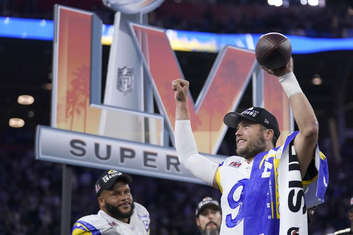 Los Angeles Rams quarterback Matthew Stafford celebrates after the Rams defeated the Cincinnati Bengals in the Super Bowl.