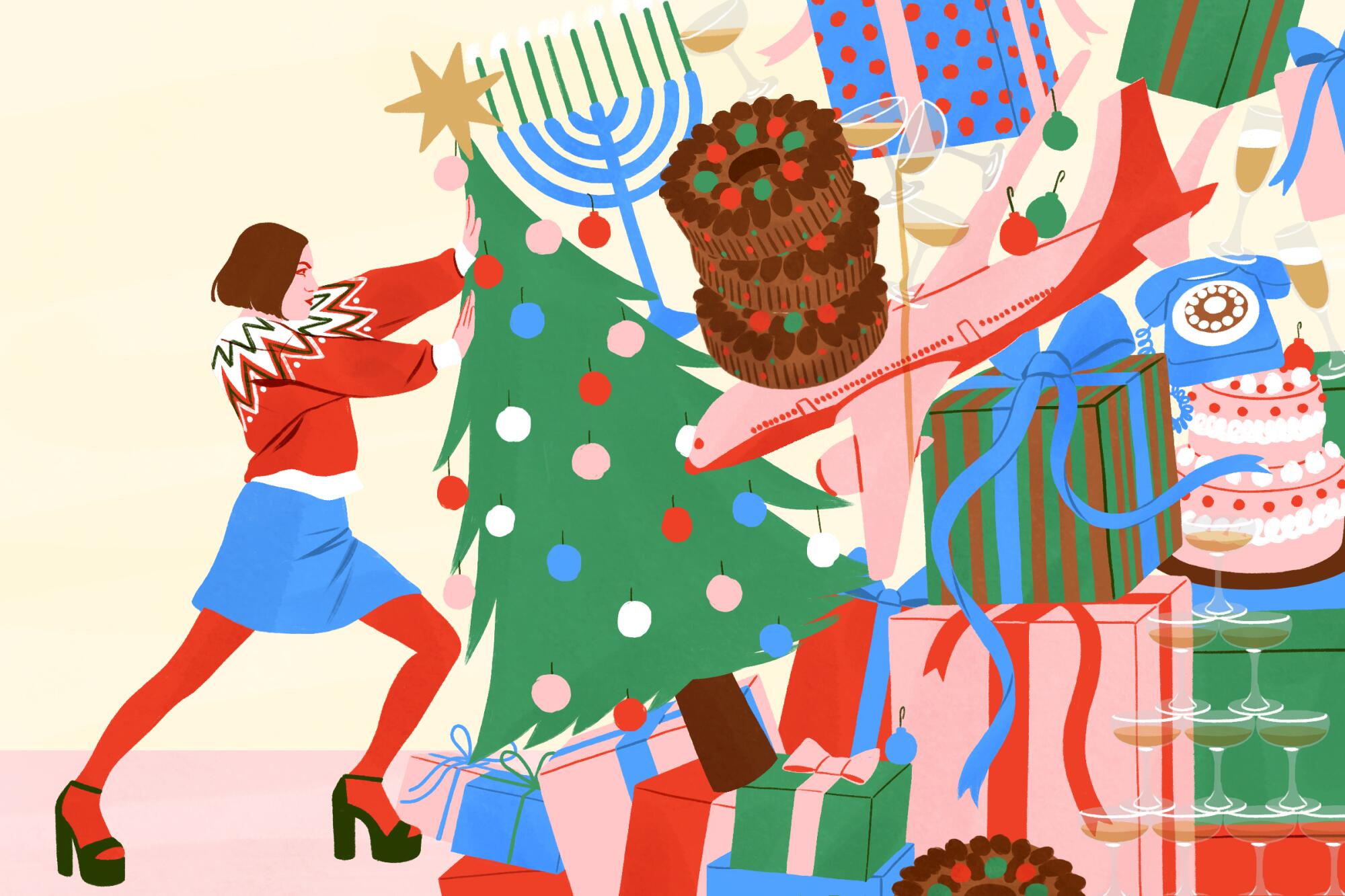 Illustration of a woman pushing against holiday symbols including Christmas tree, menorah, wrapped gifts, cakes, glasses