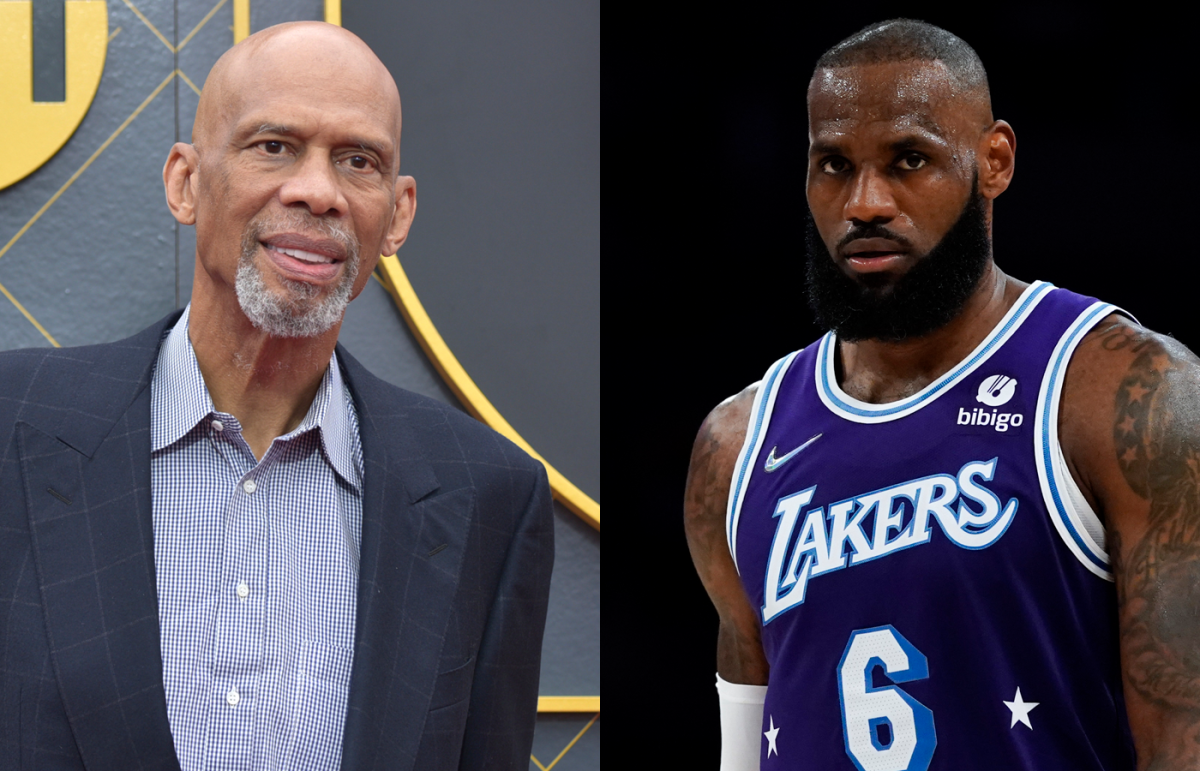 NBA legend Kareem Abdul-Jabbar, left, and Lakers star LeBron James shown in photos side by side.
