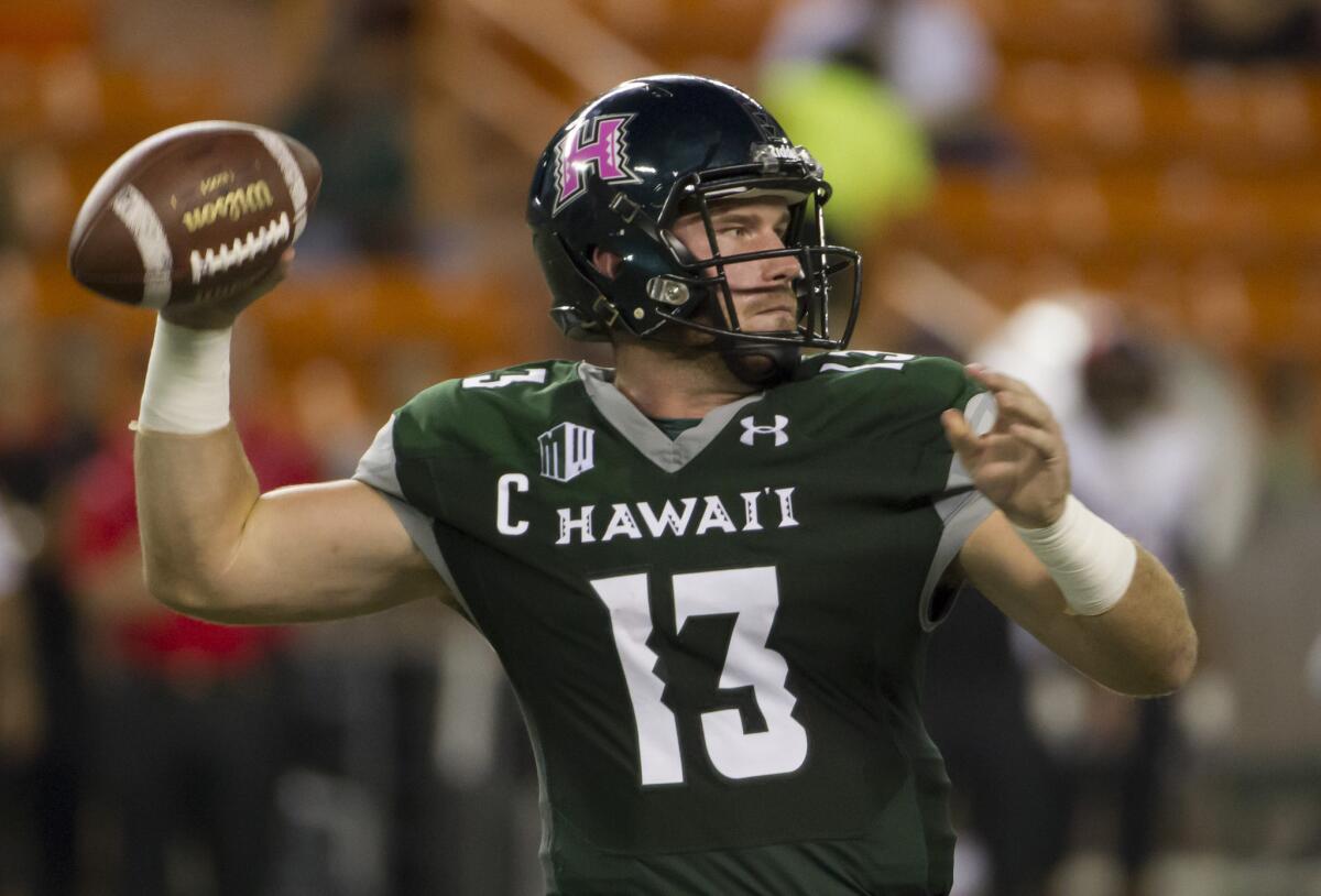 Hawaii quarterback Max Wittek throws a pass during the third quarter of a game against San Diego State on Oct. 10.