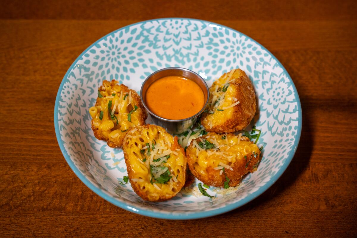 Mac and cheese pakoras from Roots Indian Bistro.