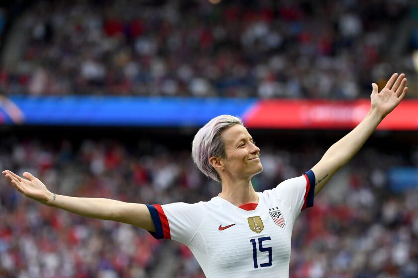 U.S. forward Megan Rapinoe celebrates after scoring against France during a Women's World Cup quarterfinal match in Paris on June 28.