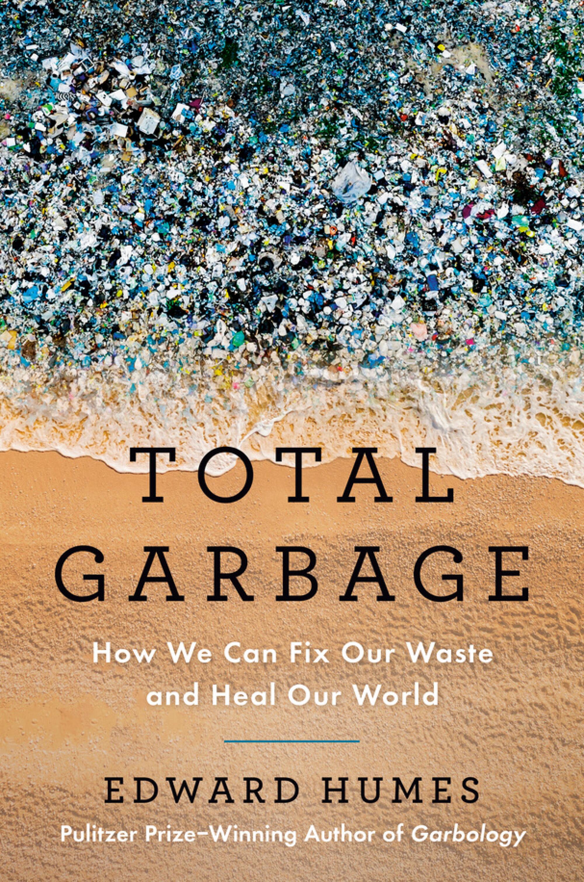 Book cover for "Total Garbage" shows a wave of garbage washing up on a beach