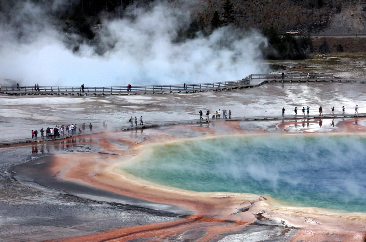 Crowds of visitors on wooden walkways walk through steam clouds around the colorful Grand Prismatic Spring in Yellowstone National Park.