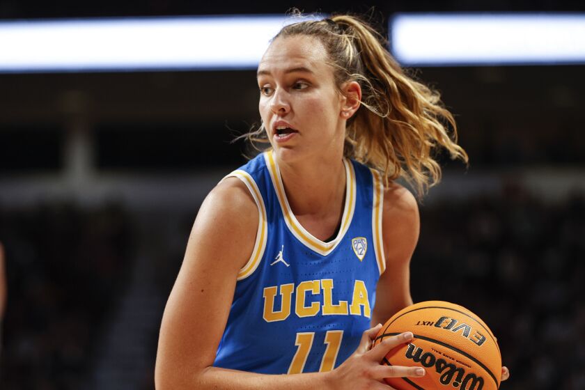 UCLA forward Emily Bessoir looks to drive against South Carolina during the first half.