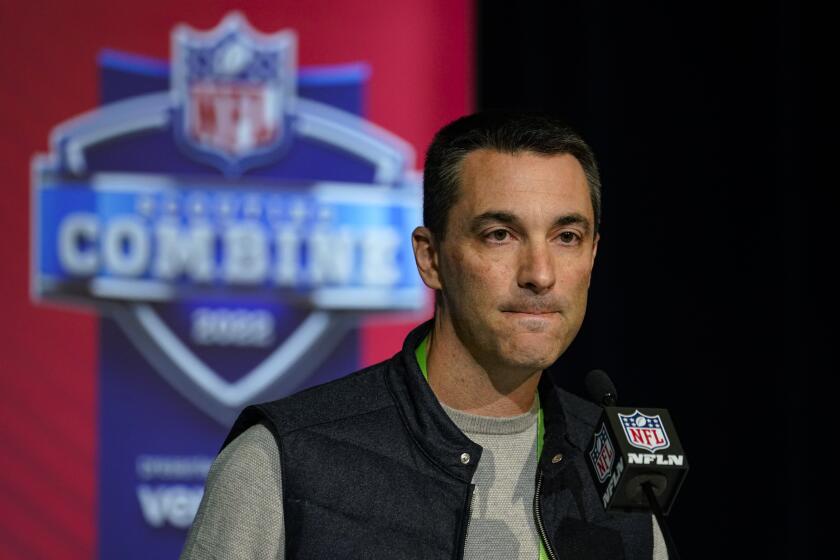 Los Angeles Chargers general manager Tom Telesco speaks during a press conference at the NFL football scouting combine in Indianapolis, Tuesday, March 1, 2022. (AP Photo/Michael Conroy)