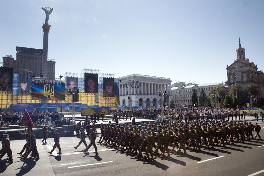 Ukrainian soldiers march through Kiev's Independence Square on Aug. 24 in observance of the 24th anniversary of the country's independence from the Soviet Union.