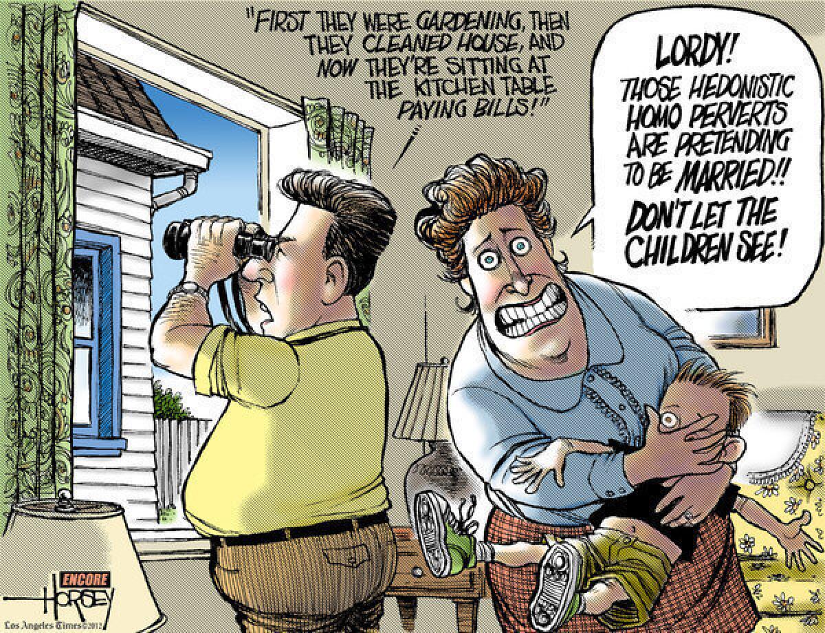 For traditionalists, same-sex marriage is a scary proposition, as illustrated in this cartoon from David Horsey's 2007 book, "Draw Quick, Shoot Straight."