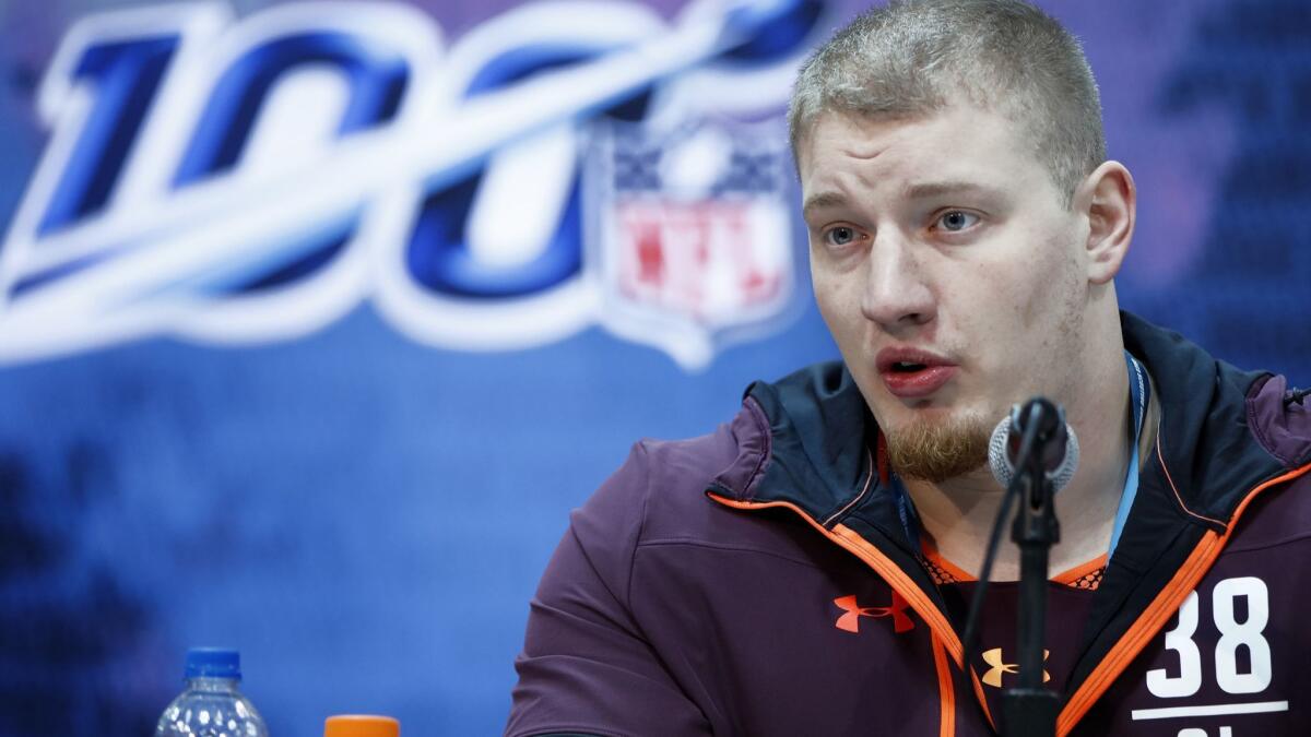 Washington offensive lineman Kaleb McGary speaks to the media during day one of interviews at the NFL Combine at Lucas Oil Stadium Feb. 28 in Indianapolis.