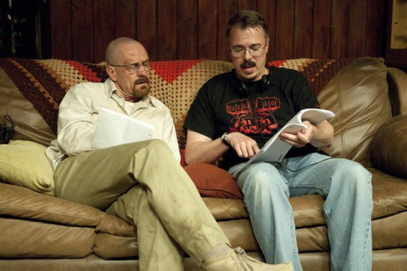 Bryan Cranston talks with series creator Vince Gilligan on the set of "Breaking Bad." The series finale aired Sunday, Sept. 29.