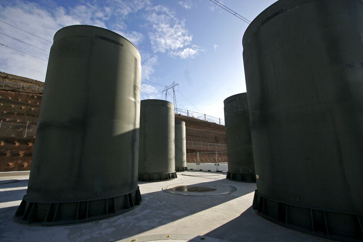 These aboveground casks at the Diablo Canyon nuclear plant, seen in 2008, were built to house radioactive waste.