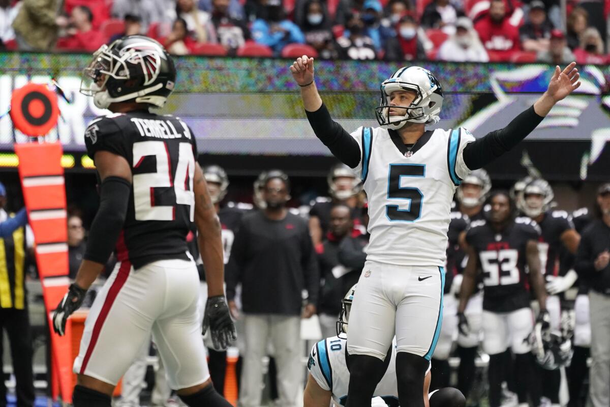 Carolina Panthers kicker Zane Gonzalez celebrates after kicking a second-half field goal.