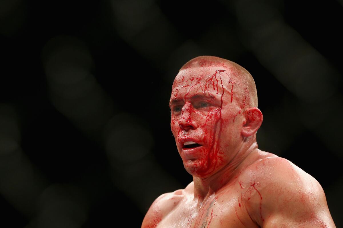 Georges St-Pierre catches his breath after defeating Michael Bisping by submission for the middleweight title