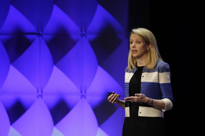 Yahoo CEO Marissa Mayer delivers the keynote address at the Yahoo Mobile Developer Conference in San Francisco on Feb. 18.