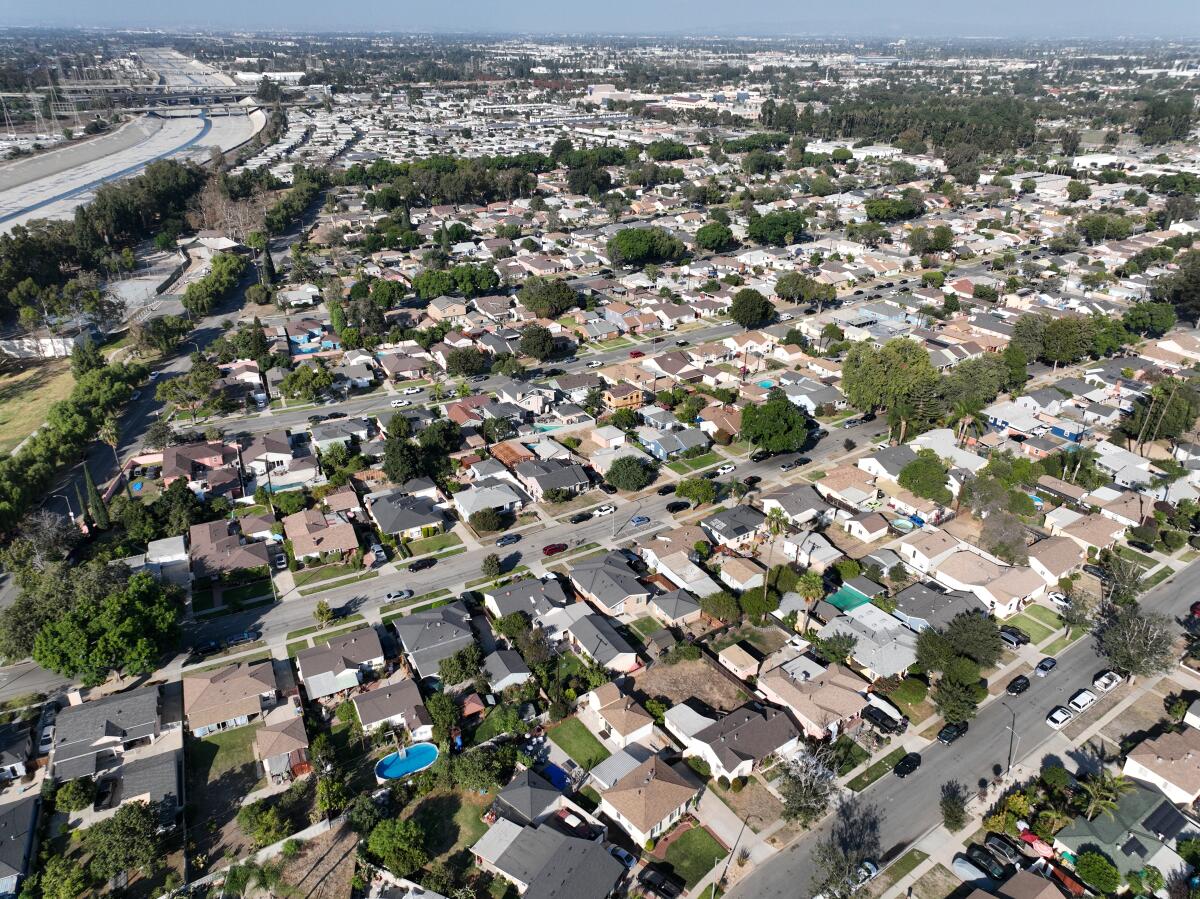 An aerial view of single family homes in Long Beach