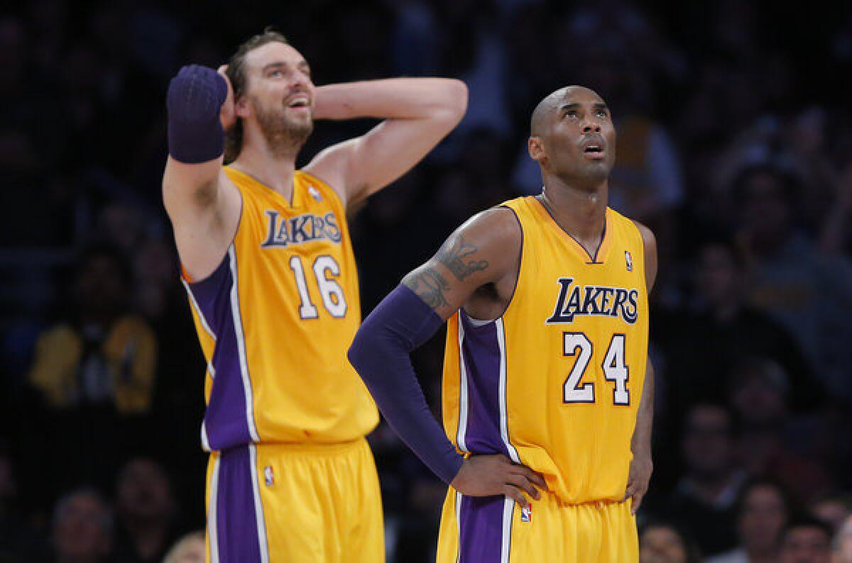 Kobe Bryant and Pau Gasol during a game against the Indiana Pacers at Staples Center.
