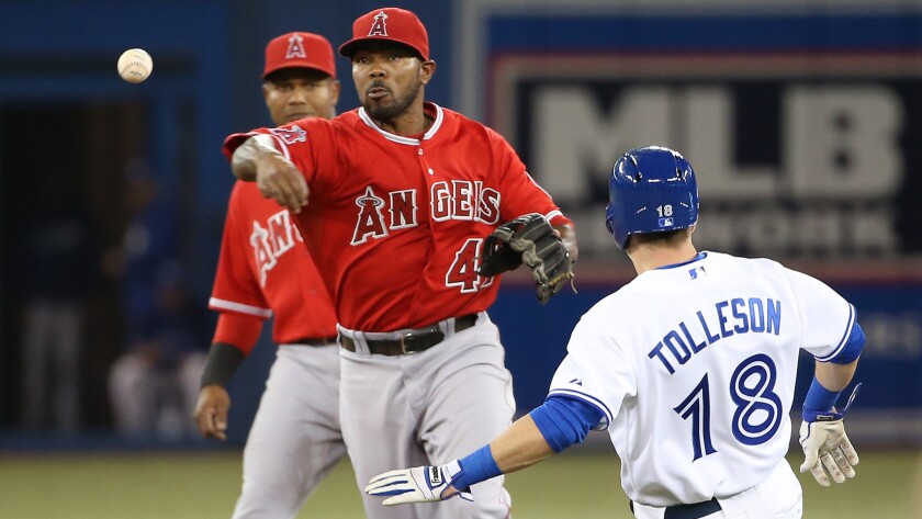 Angels second baseman Howie Kendrick, center, turns a double play in front of Toronto Blue Jays baserunner Steve Tolleson during the fifth inning of the Angels' 7-3 loss Monday.