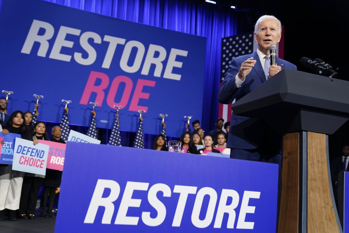 FILE - President Joe Biden speaks about abortion access during a Democratic National Committee event 