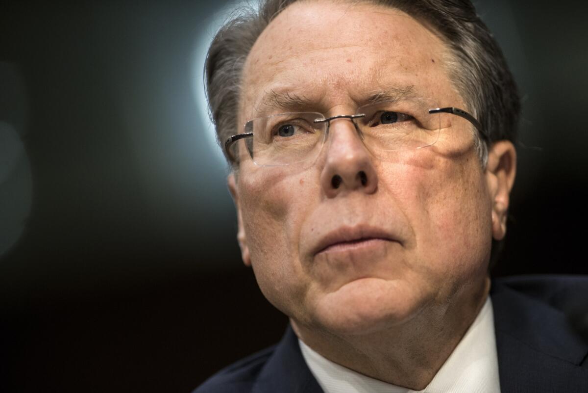 Wayne LaPierre, executive vice president of the National Rifle Assn., listens during a hearing of the Senate Judiciary Committee.