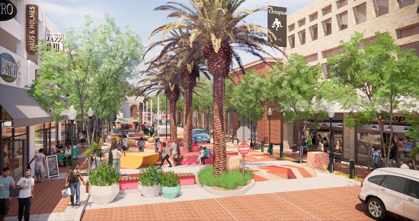 A rendering shows a proposed plan to turn two blocks of Artsakh Avenue in Glendale into a one-way street with an extended sidewalk for public use. Headed into a more detailed design phase, the $7.3-million project is expected to be completed in 2021.