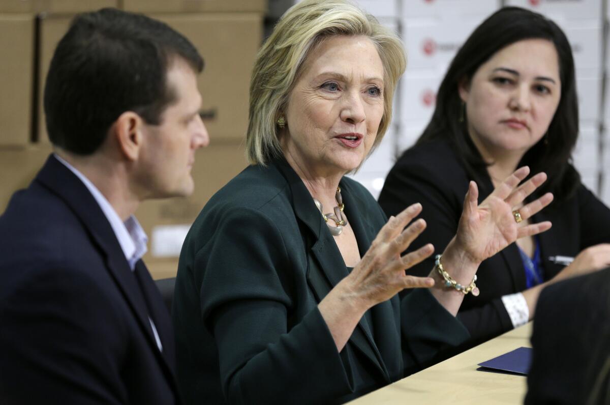 Democratic presidential candidate Hillary Clinton speaks during a small business round table on Wednesday, April 15, in Norwalk, Iowa.