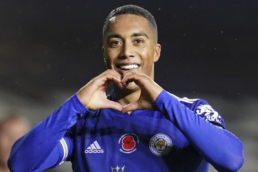 FILE - Leicester's Youri Tielemans celebrates after scoring his sides second goal of the game during the English Premier League soccer match between Leeds United and Leicester City at Elland Road, in Leeds, England, Monday, Nov. 2, 2020. Aston Villa has agreed a deal to sign Leicester City midfielder Youri Tielemans, the Premier League club has said. (AP Photo/Jon Super, File)