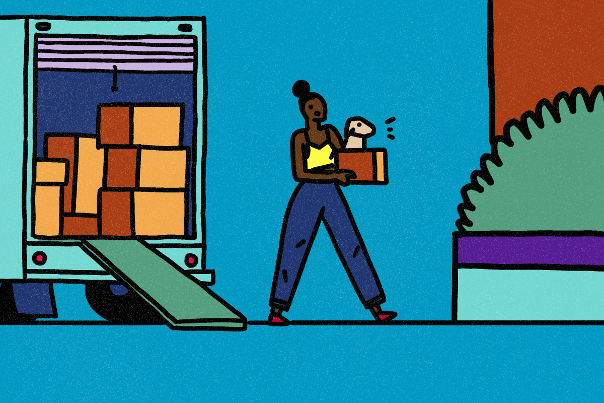 Illustration of a person moving in with a dog