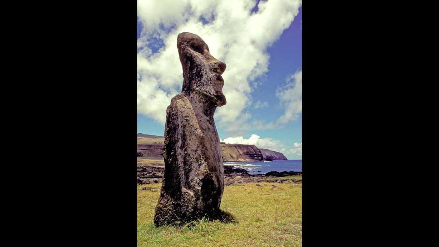 One of the monumental statues, called moai, created by the early Rapa Nui people of Easter Island.