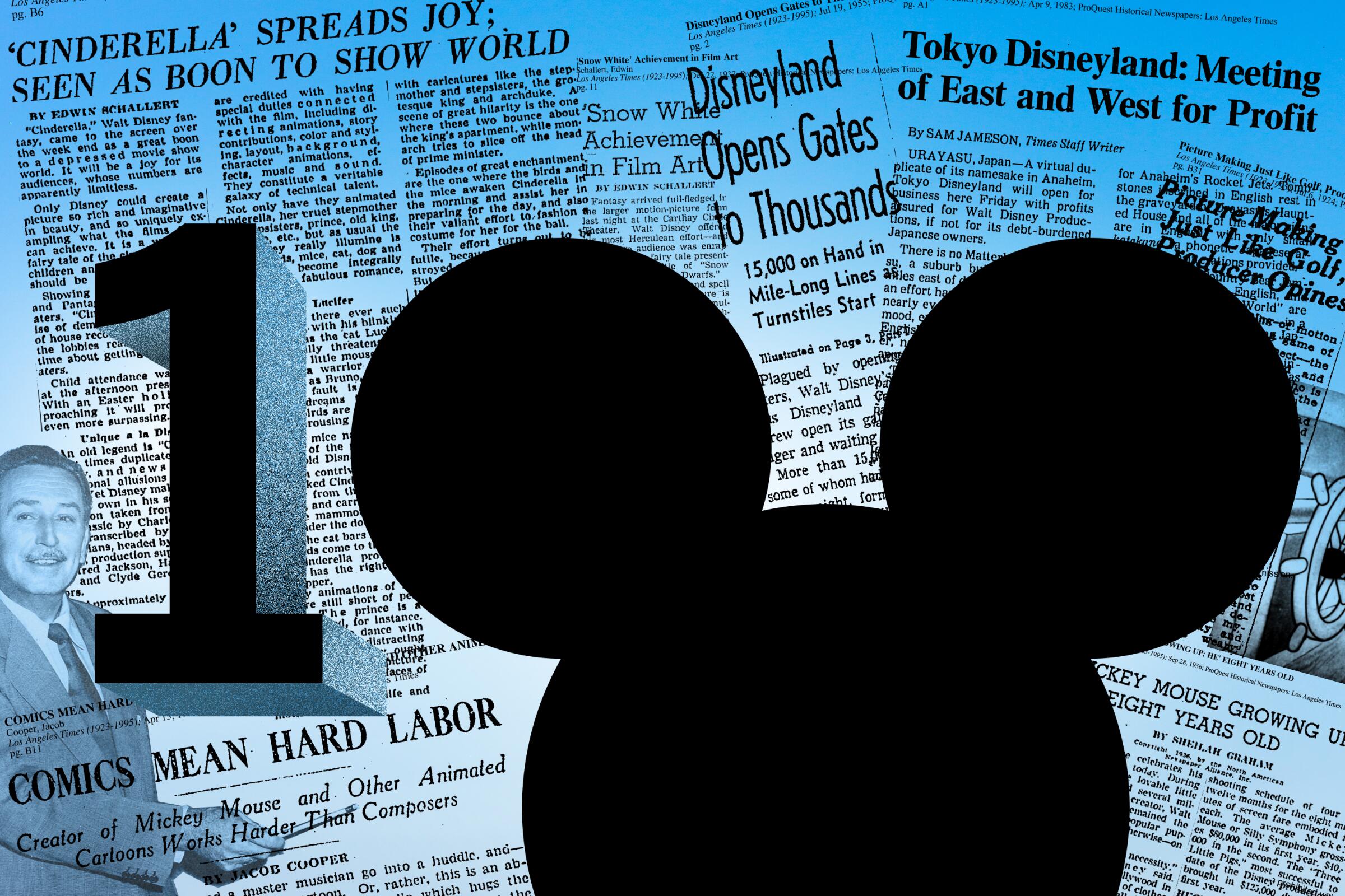 Collage illustration of Disney clippings and ears to form the number 100.