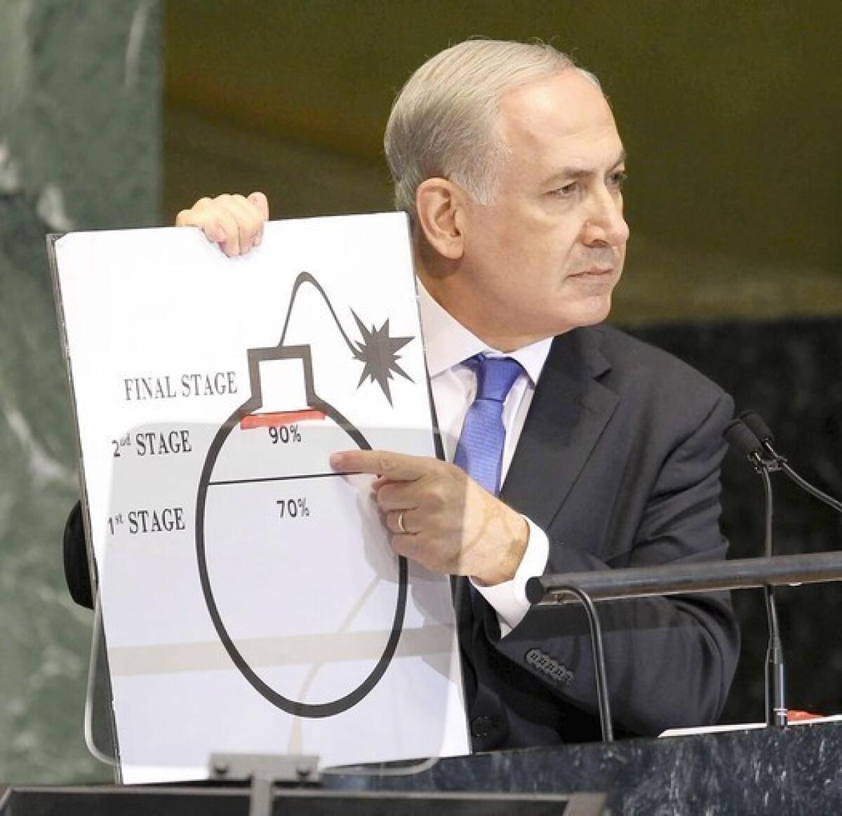 Israeli Prime Minister Benjamin Netanyahu shows an illustration as he describes his concerns over Iran's nuclear ambitions during his address to the 67th session of the United Nations General Assembly on Thursday.