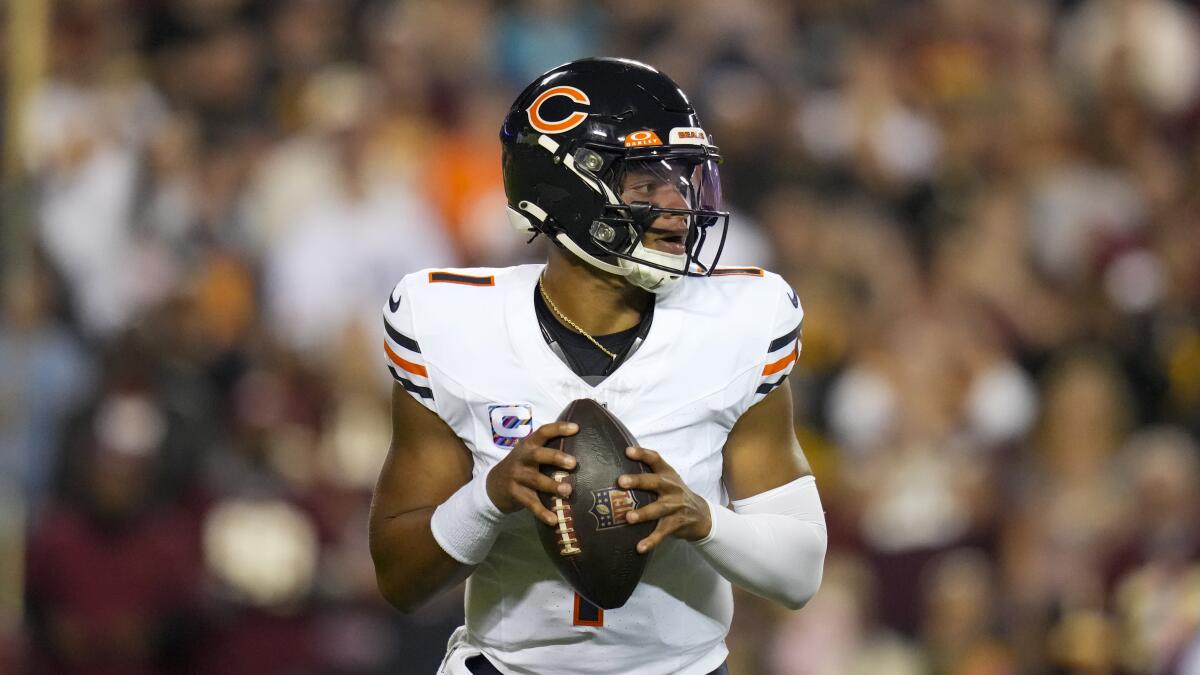 Chicago Bears quarterback Justin Fields looks to pass.