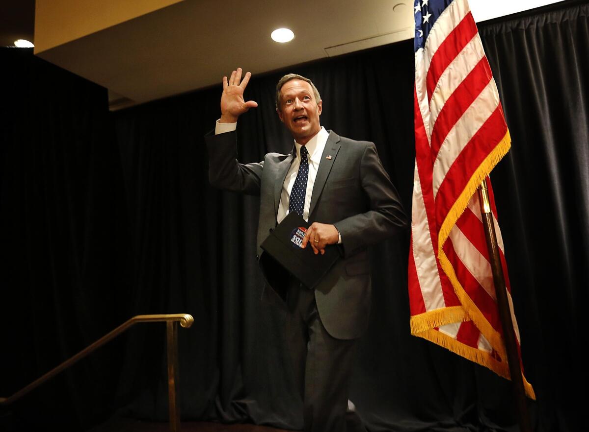 YOSEMITE, CA-ME-Aug 20, 2015: Democratic presidential candidate Martin O'Malley was the keynote speaker at the Young Democrats of America National Convention Aug. 20, 2015 at the Millennium Biltmore Hotel in DTLA. Organizers of the four-day convention invited all five candidates for the Democratic presidential nomination to speak, with O'Malley the only one to commit to speaking in person. The top two candidates in the polls,former Secretary of State Hillary Rodham Clinton and Vermont Sen. Bernie Sanders, will send video messages, Basham said. The 52-year-old O'Malley declared his candidacy on May 30, saying ``Our economic and political system is upside down and it is time to turn it around'' and ``we are allowing our land of opportunity to be turned into a land of inequality.'' O'Malley began his career in elective office by being elected to the Baltimore City Council in 1991 when he was 28. He was the city's mayor from 1999-2007 and Maryland's governor from 2007 until Jan. 21.(Barbara Davidson / Los Angeles Times)