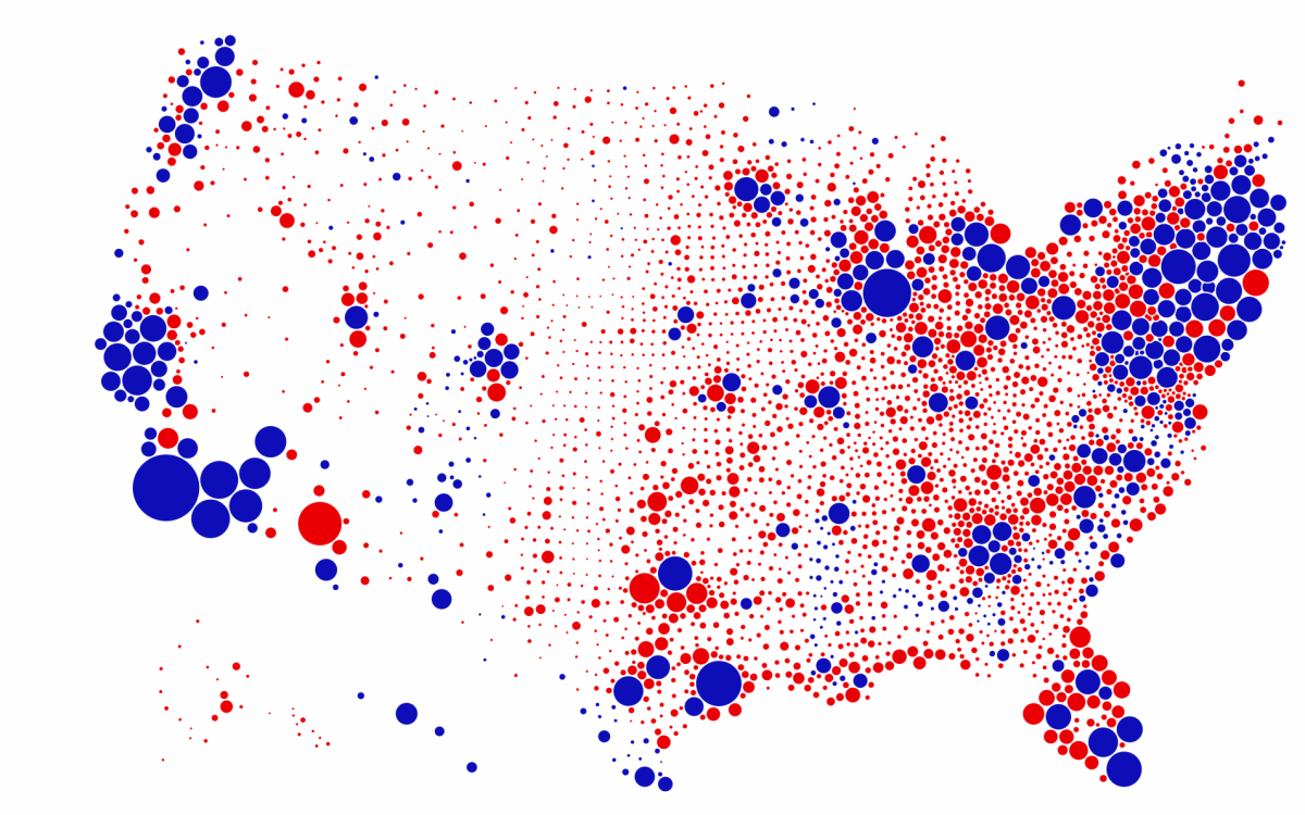 Bubbles in blue and red and different scales laid over a U.S. map show where voting took place.