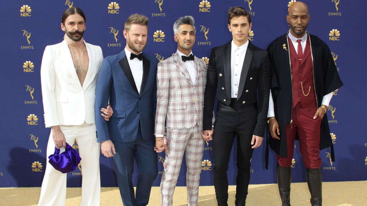 Jonathan Van Ness, from left, Bobby Berk, Tan France, Antoni Porowski and Karamo Brown arrives for the 70th Primetime Emmy Awards ceremony at the Microsoft Theater in Los Angeles.