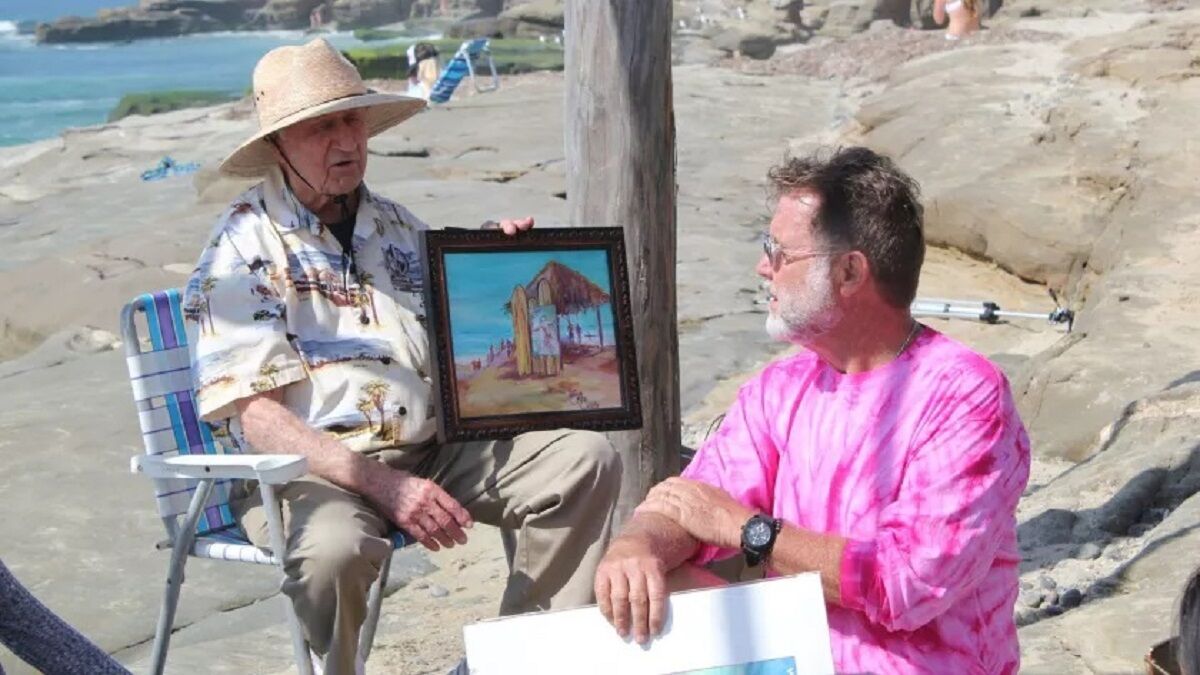 Woody Ekstrom (left) and University of San Diego associate professor Jerome Hall show students images of Windansea in 2017.