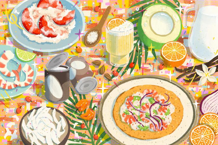 Illustrated spread of dishes inspired by the flavors of coconuts