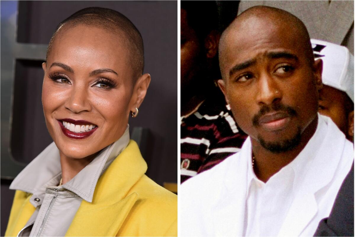 Separate pictures of Jada Pinkett Smith in a gray shirt and yellow jacket and Tupac Shakur in an all-white suit