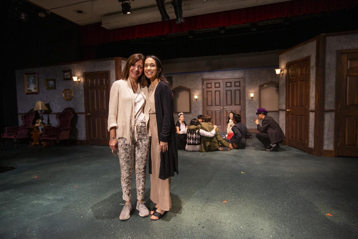 Drama director Pauline Maranian, left, with student teacher, Amber Marroquin at the Estancia High theater Monday, April 25.