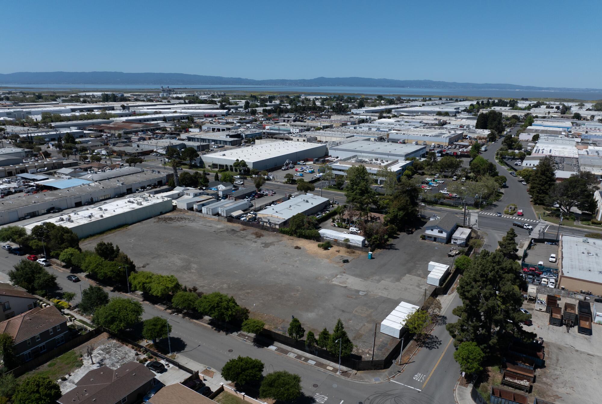 An aerial view of an empty parking lot