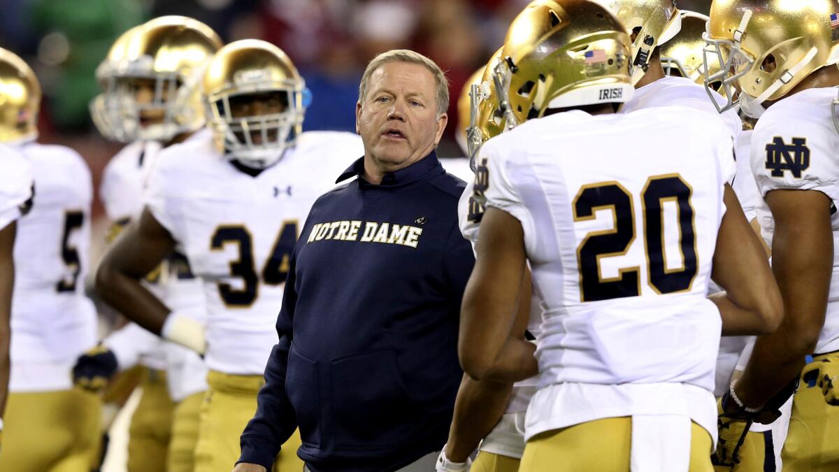 Coach Brian Kelly and Notre Dame received a boost in the College Football Playoff hunt when Navy missed a chance to make the American Athletic Conference title game.