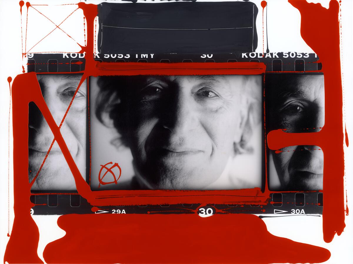 This photo provided by William Klein's family shows a self-portrait of American photographer William Klein in1993, painted by the artist on a contact sheet. Klein whose innovative portraiture style strongly influenced fashion and street photography in the second half of the 20th century, died Saturday, Sept. 10, 2022 in Paris at 96. (William Klein via AP)