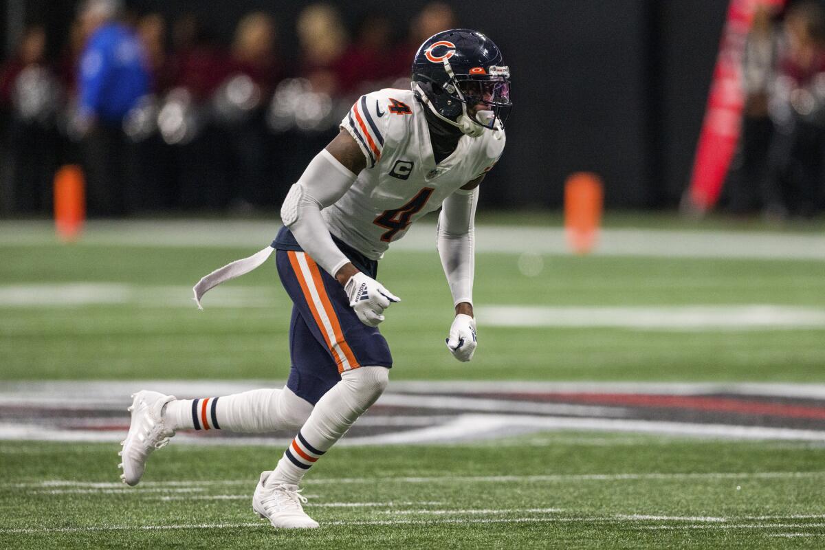 Chicago Bears safety Eddie Jackson works during the first half against the Atlanta Falcons.