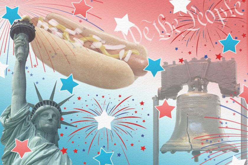 Photo illustration with a Statue of Liberty, the Liberty Bell and a hot dog with red, white and blue stars and fireworks.