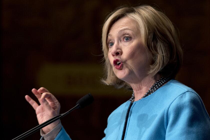 Hillary Rodham Clinton is shown in December at a Georgetown University appearance. On Tuesday she spoke before a women's conference in Santa Clara.