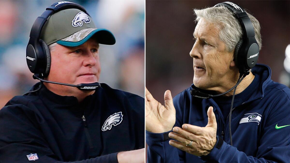 Rivals while coaching in the college ranks, Philadelphia Eagles Coach Chip Kelly, left, and Seattle Seahawks Coach Pete Carroll will meet on the NFL gridiron for the first time Sunday.