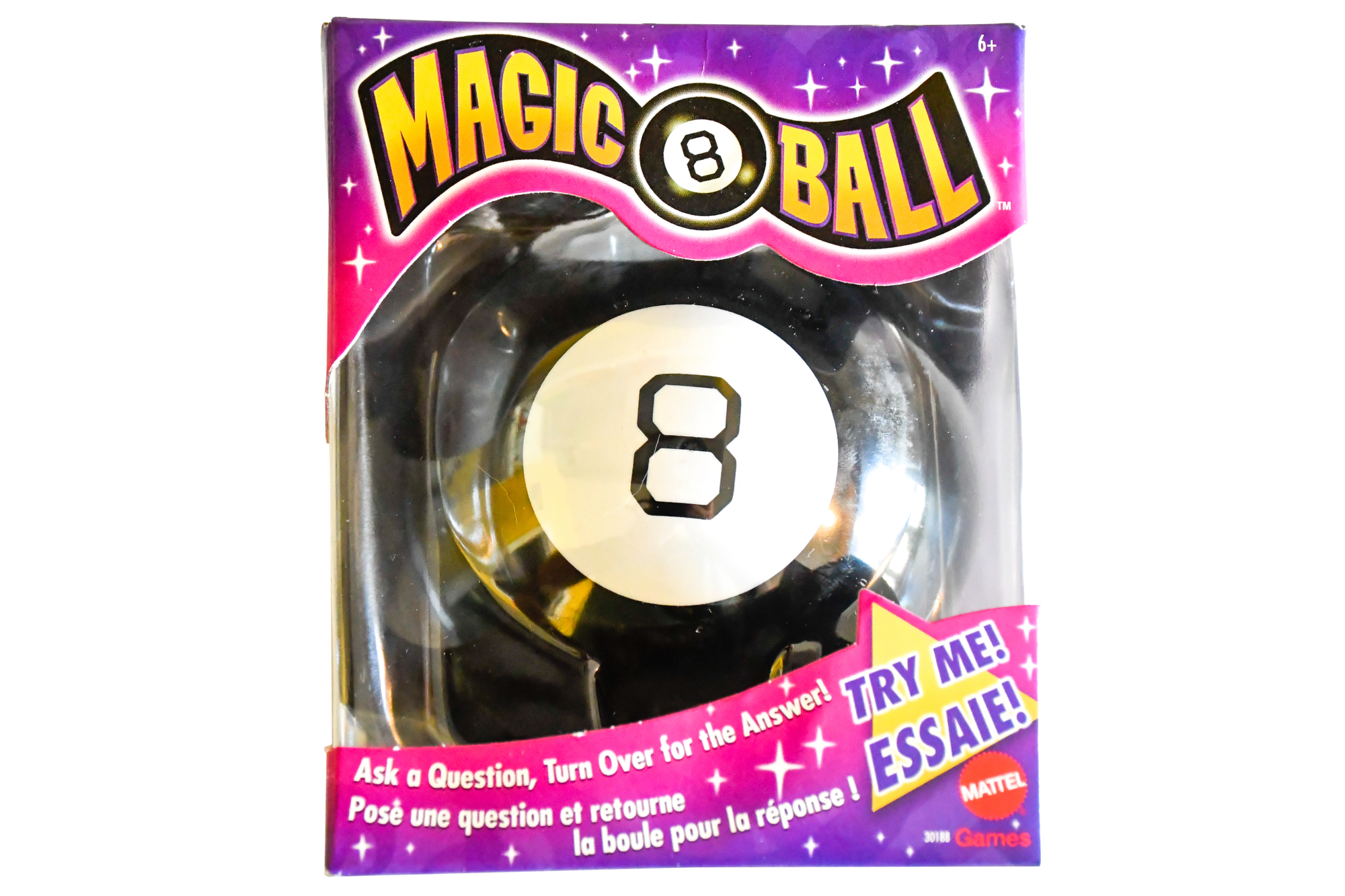 Magic 8 Ball in its pink and purple packaging